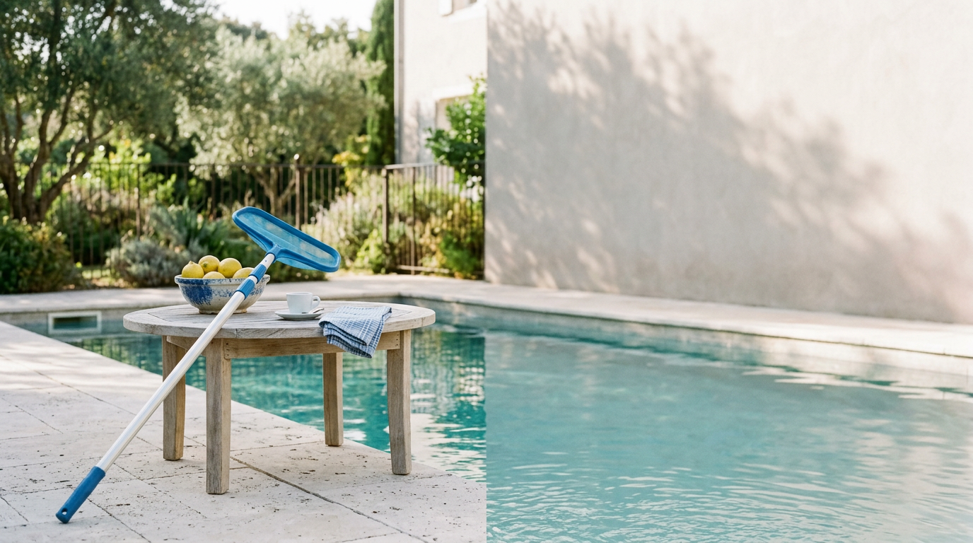 A weathered wooden side table at the edge of a sunlit backyard pool, with a bowl of lemons, a cup, a folded towel and a skimmer net leaning against it.