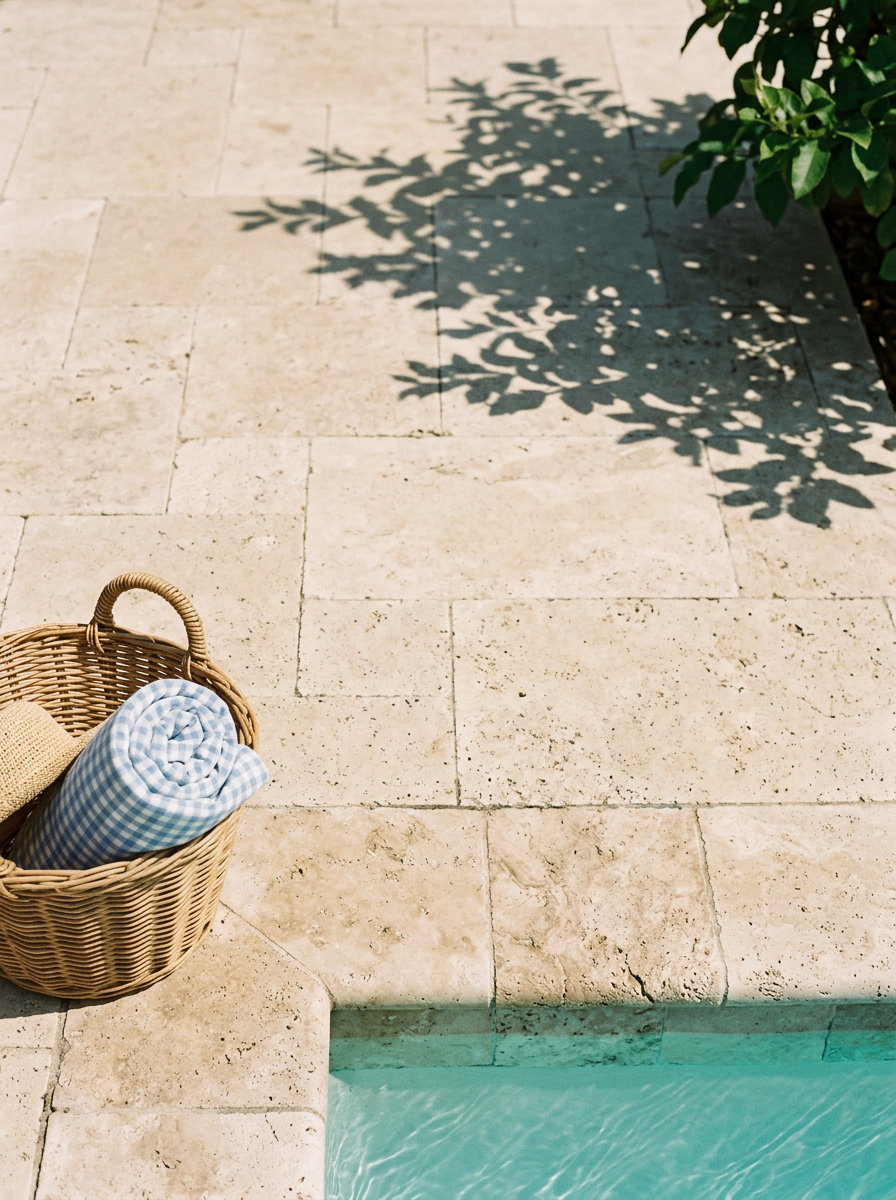 Travertine pool deck in dappled shade with a wicker basket holding a gingham towel, beside the water's edge.