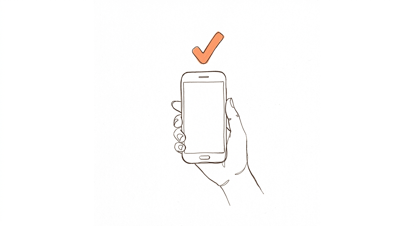 A hand holding a phone with a check mark above it.